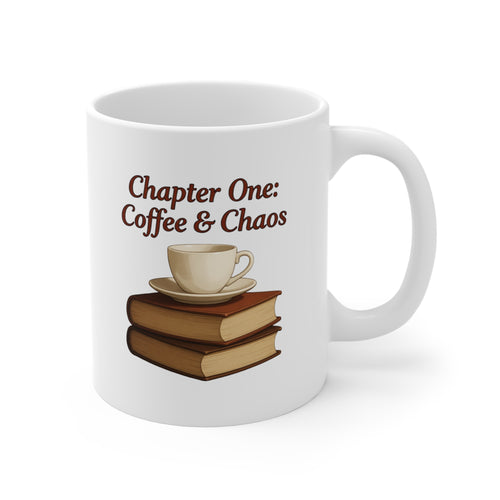 Coffee & Chaos Book Lover Mug — "Chapter One: Coffee & Chaos" 11oz Ceramic